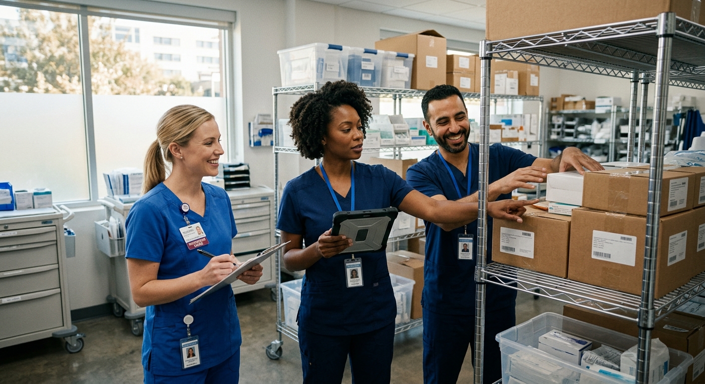 Diverse team of medical professionals in scrubs reviewing supply inventory — Sterile Mate hospital supply chain partner