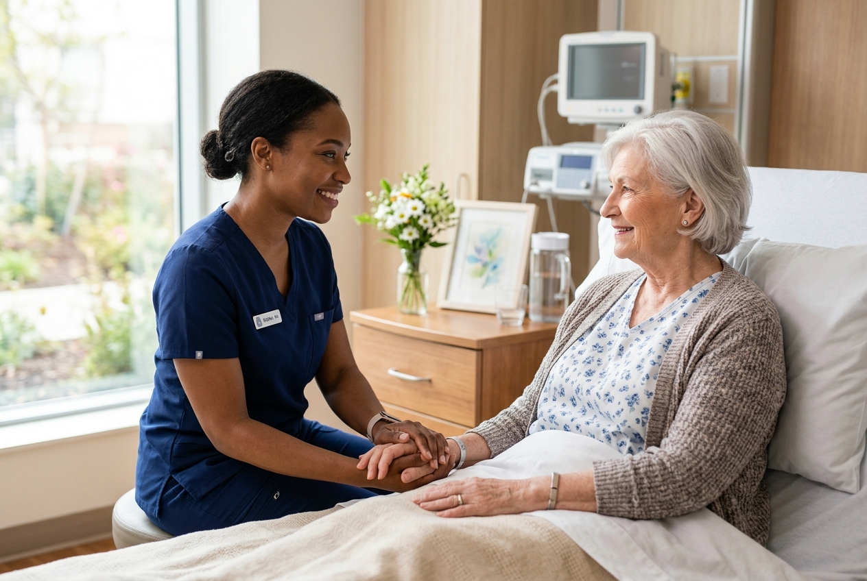 Nurse compassionately caring for an elderly hospital patient
