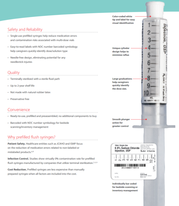 Prefilled Saline Flush Syringe, Without Cannula, 2.5ml, 3ml, 1000 EA/CS, 10 BX/CS