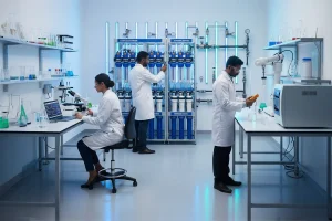 Water quality specialists analyzing water